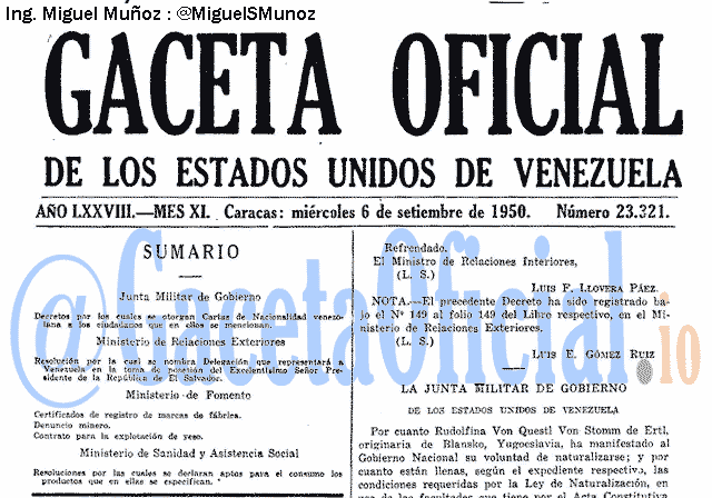 Gaceta Oficial 23321 del 6 Septiembre 1950