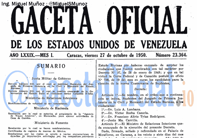 Gaceta Oficial 23364 del 27 Octubre 1950
