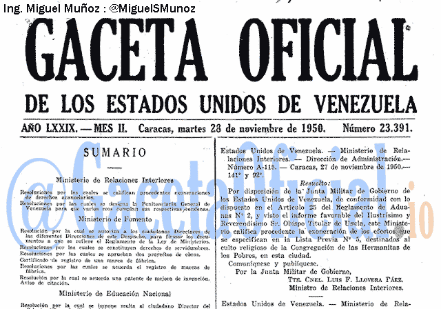 Gaceta Oficial 23391 del 28 Noviembre 1950