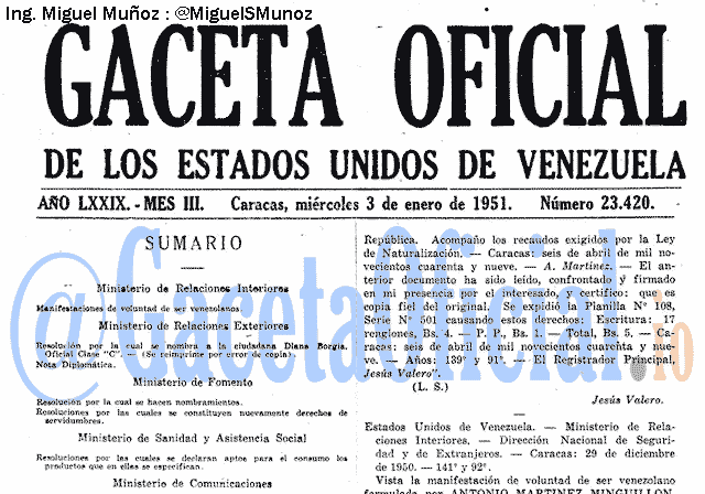 Gaceta Oficial 23420 del 3 Enero 1951
