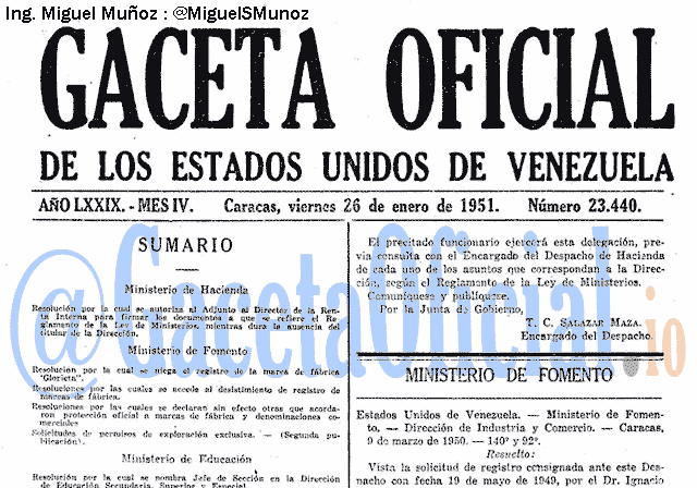 Gaceta Oficial 23440 del 26 Enero 1951
