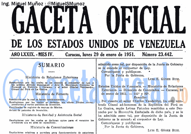 Gaceta Oficial 23442 del 29 Enero 1951