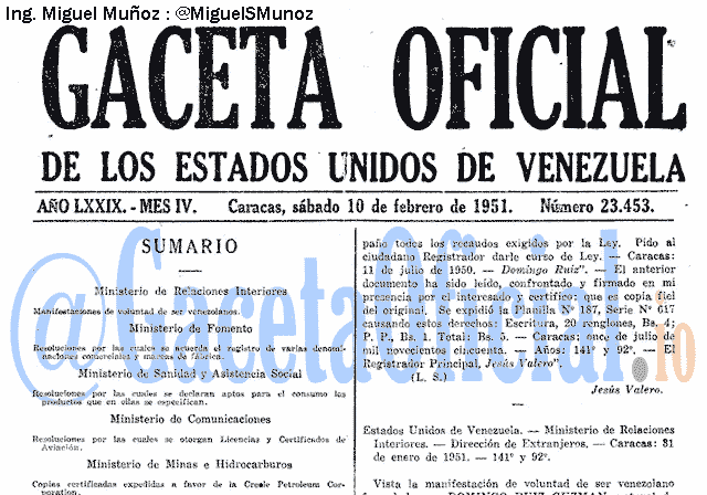 Gaceta Oficial 23453 del 10 Febrero 1951