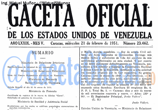 Gaceta Oficial 23462 del 21 Febrero 1951