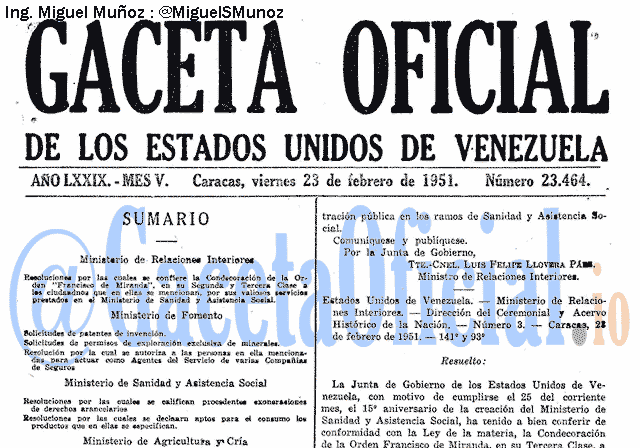 Gaceta Oficial 23464 del 23 Febrero 1951