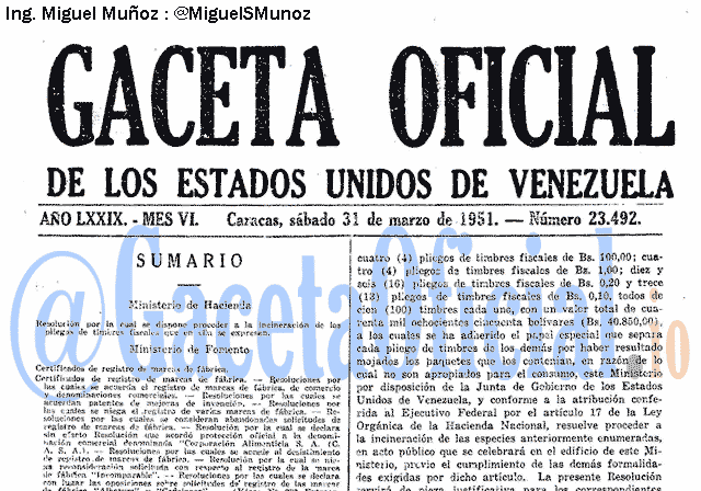 Gaceta Oficial 23492 del 31 Marzo 1951