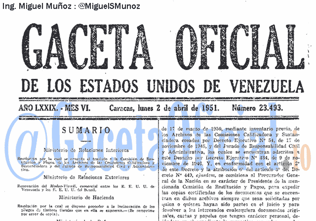Gaceta Oficial 23493 del 2 Abril 1951