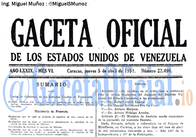Gaceta Oficial 23496 del 5 Abril 1951