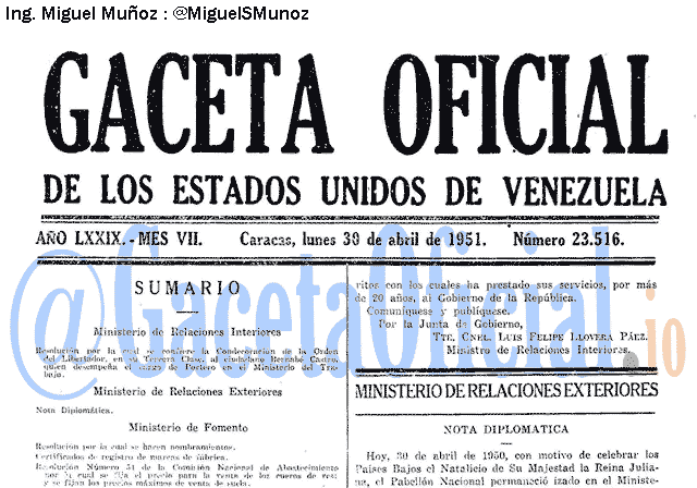 Gaceta Oficial 23516 del 30 Abril 1951