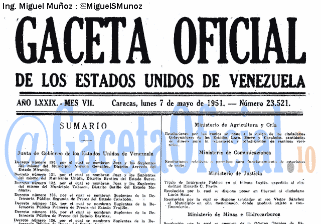 Gaceta Oficial 23521 del 7 Mayo 1951