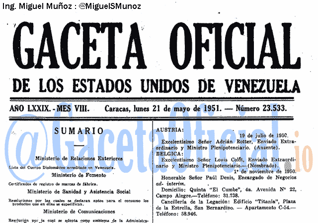 Gaceta Oficial 23533 del 21 Mayo 1951
