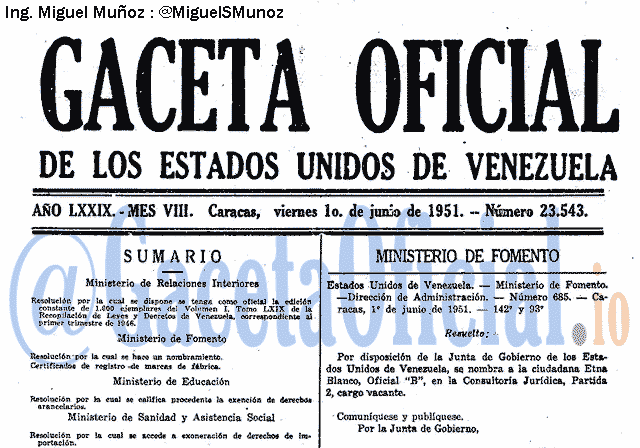Gaceta Oficial 23543 del 1 Junio 1951