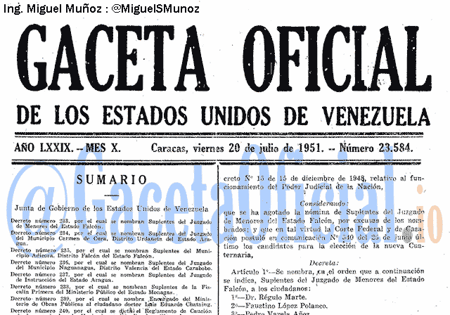 Gaceta Oficial 23584 del 20 Julio 1951