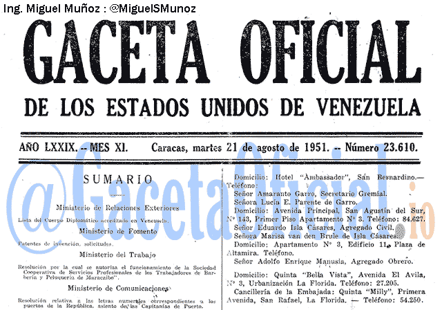 Gaceta Oficial 23610 del 21 Agosto 1951