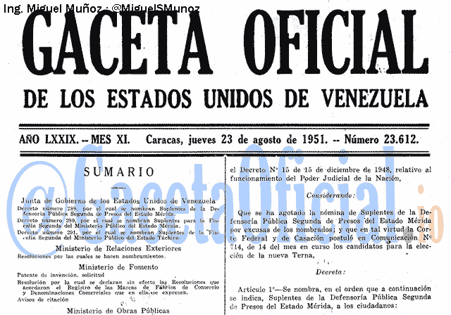 Gaceta Oficial 23612 del 23 Agosto 1951