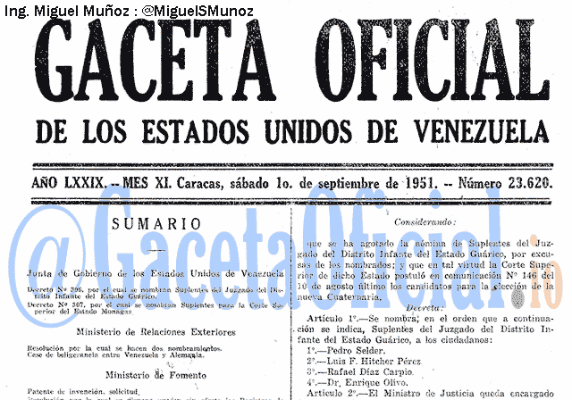 Gaceta Oficial 23620 del 1 Septiembre 1951