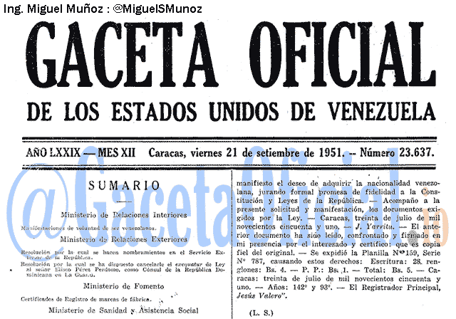 Gaceta Oficial 23637 del 21 Septiembre 1951