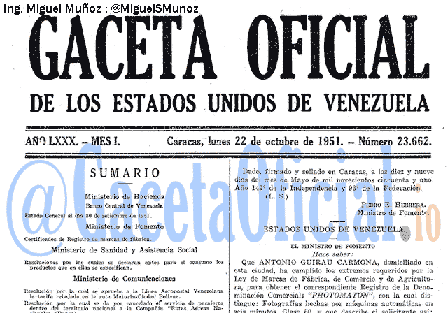 Gaceta Oficial 23662 del 22 Octubre 1951
