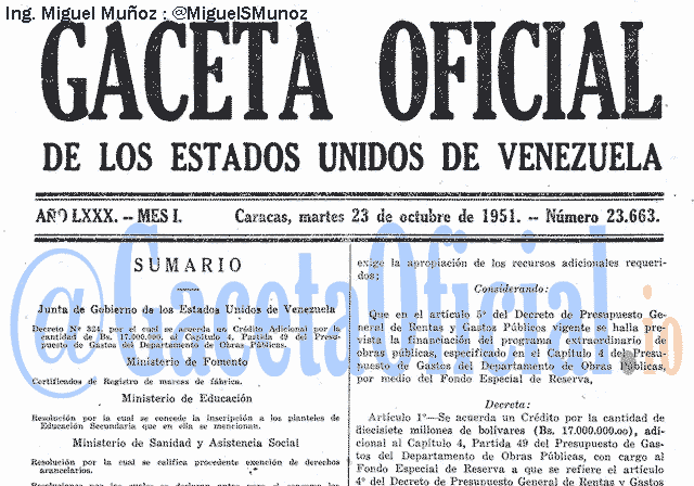 Gaceta Oficial 23663 del 23 Octubre 1951