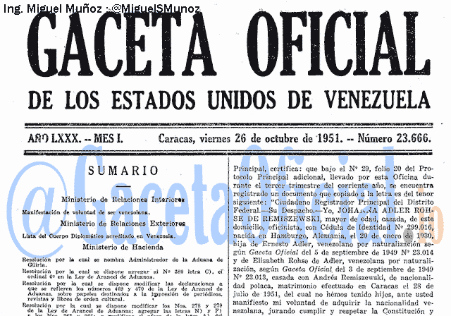 Gaceta Oficial 23666 del 26 Octubre 1951