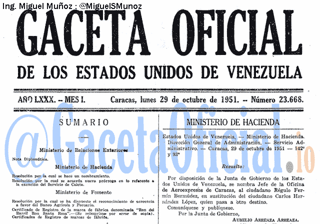 Gaceta Oficial 23668 del 29 Octubre 1951