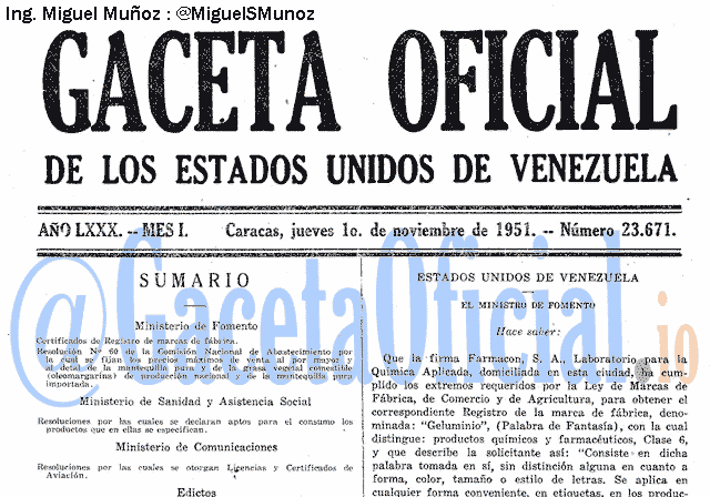 Gaceta Oficial 23671 del 1 Noviembre 1951