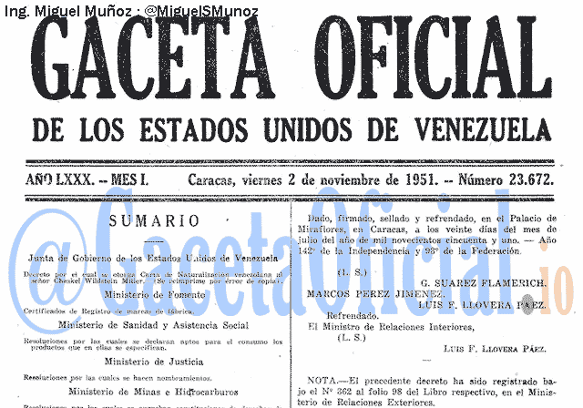 Gaceta Oficial 23672 del 2 Noviembre 1951