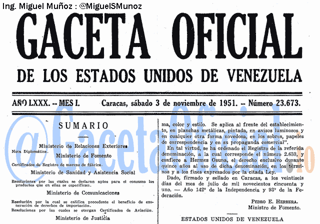Gaceta Oficial 23673 del 3 Noviembre 1951
