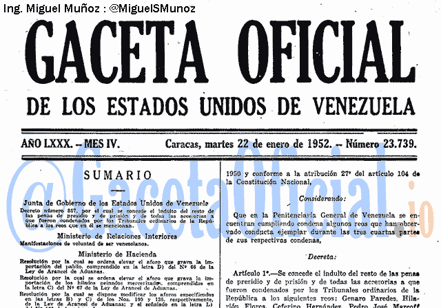 Gaceta Oficial 23739 del 22 Enero 1952