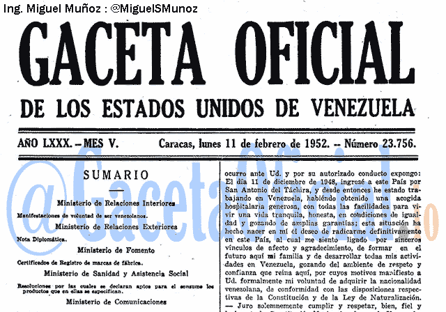 Gaceta Oficial 23756 del 11 Febrero 1952