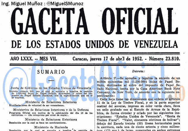 Gaceta Oficial 23810 del 17 Abril 1952