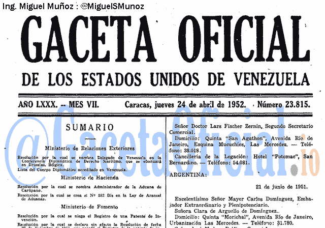 Gaceta Oficial 23815 del 24 Abril 1952
