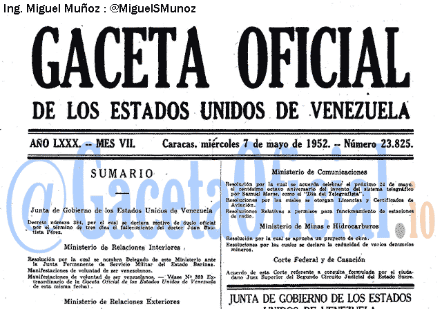 Gaceta Oficial 23825 del 7 Mayo 1952