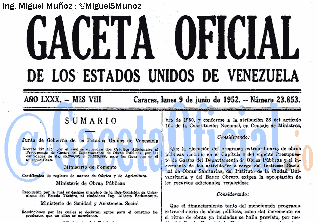 Gaceta Oficial 23853 del 9 Junio 1952
