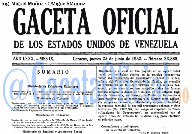Gaceta Oficial 23868 del 26 Junio 1952