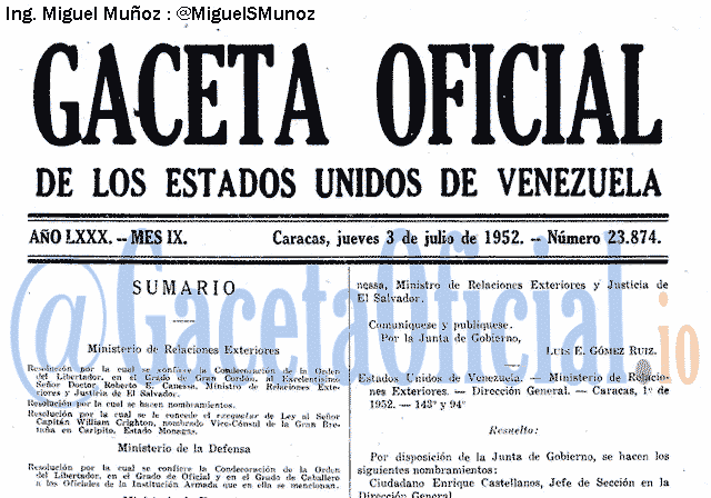 Gaceta Oficial 23874 del 3 Julio 1952