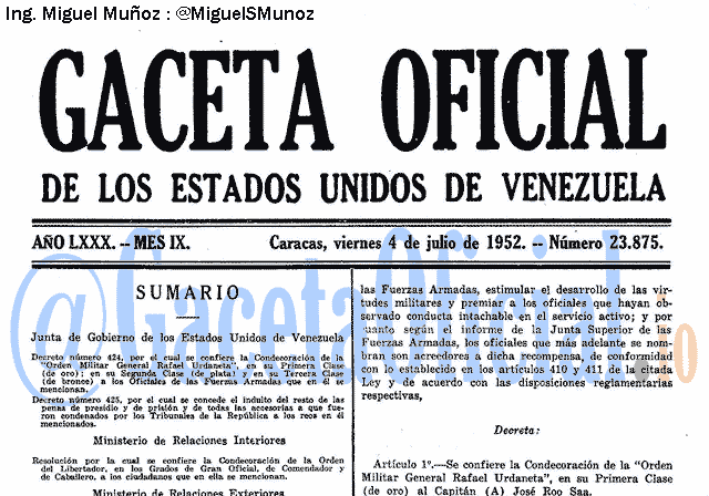 Gaceta Oficial 23875 del 4 Julio 1952