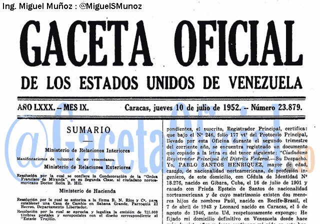 Gaceta Oficial 23879 del 10 Julio 1952