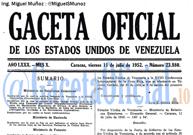 Gaceta Oficial 23880 del 11 Julio 1952
