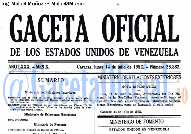 Gaceta Oficial 23882 del 14 Julio 1952