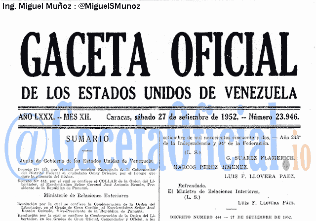 Gaceta Oficial 23946 del 27 Septiembre 1952