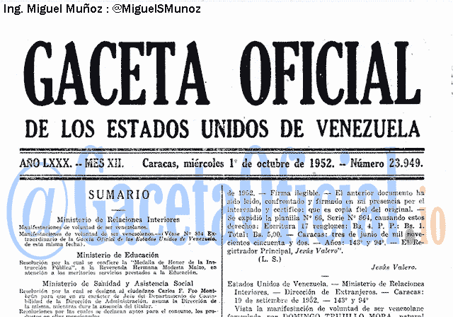 Gaceta Oficial 23949 del 1 Octubre 1952
