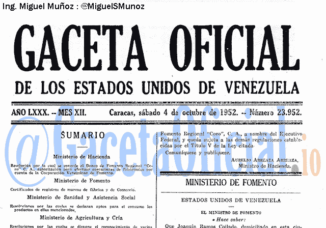 Gaceta Oficial 23952 del 4 Octubre 1952