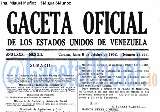 Gaceta Oficial 23953 del 6 Octubre 1952