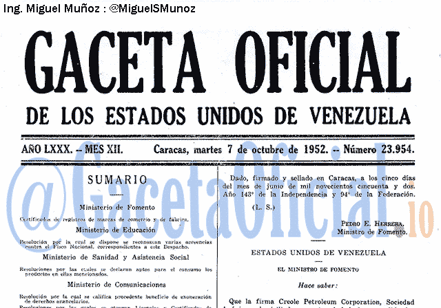 Gaceta Oficial 23954 del 7 Octubre 1952