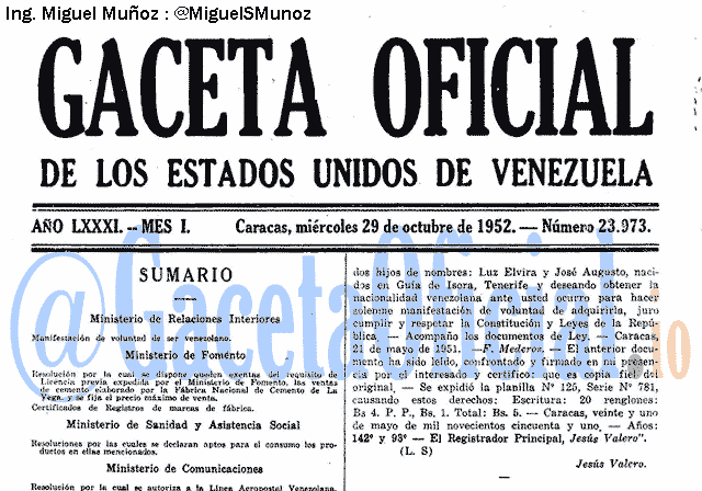 Gaceta Oficial 23973 del 29 Octubre 1952