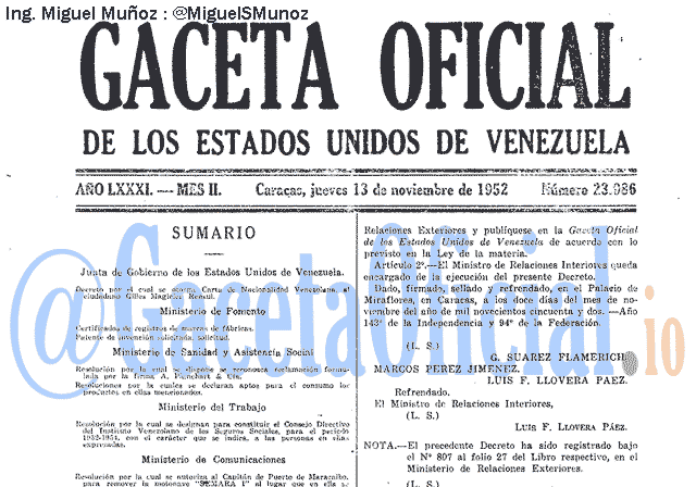 Gaceta Oficial 23986 del 13 Noviembre 1952