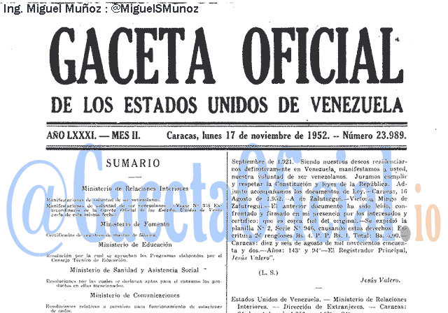 Gaceta Oficial 23989 del 17 Noviembre 1952