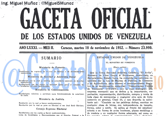 Gaceta Oficial 23990 del 18 Noviembre 1952