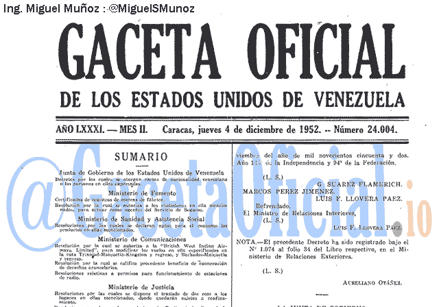 Gaceta Oficial 24004 del 4 Diciembre 1952